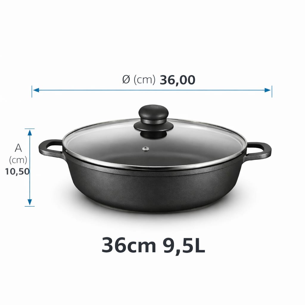 Caçarola Antiaderente 32cm com Tampa de Vidro | Indução | Troia Preto | Grande Capacidade | Cozinha Saudável sem Aderência