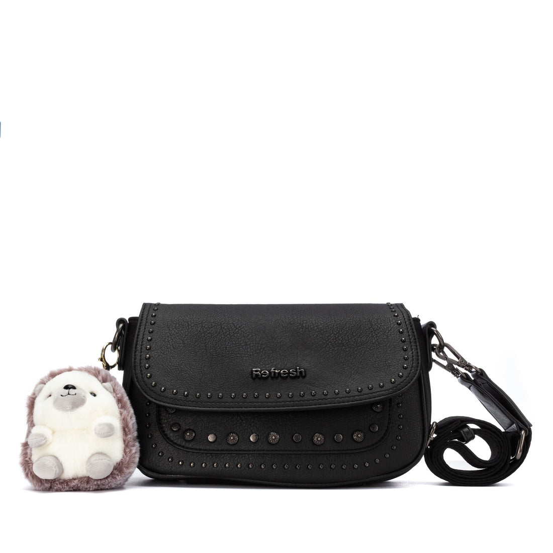 Mala de mulher Refresh preta 18343904, vista frontal com aba, tachas decorativas, logótipo e pendente de peluche em forma de ouriço