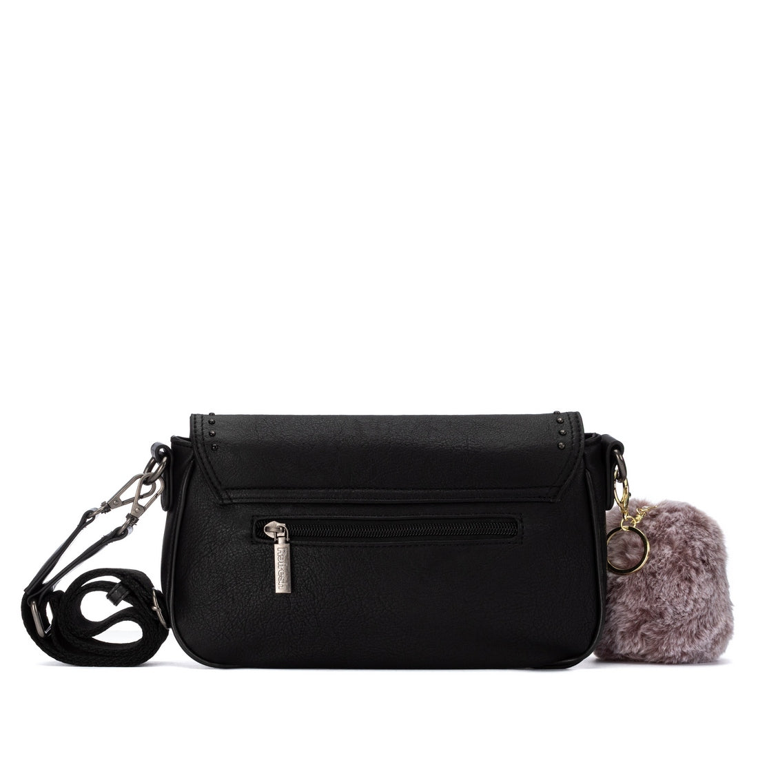 Mala de mulher Refresh preta 18343904, vista traseira com bolso de fecho de correr, alça ajustável e pendente de peluche