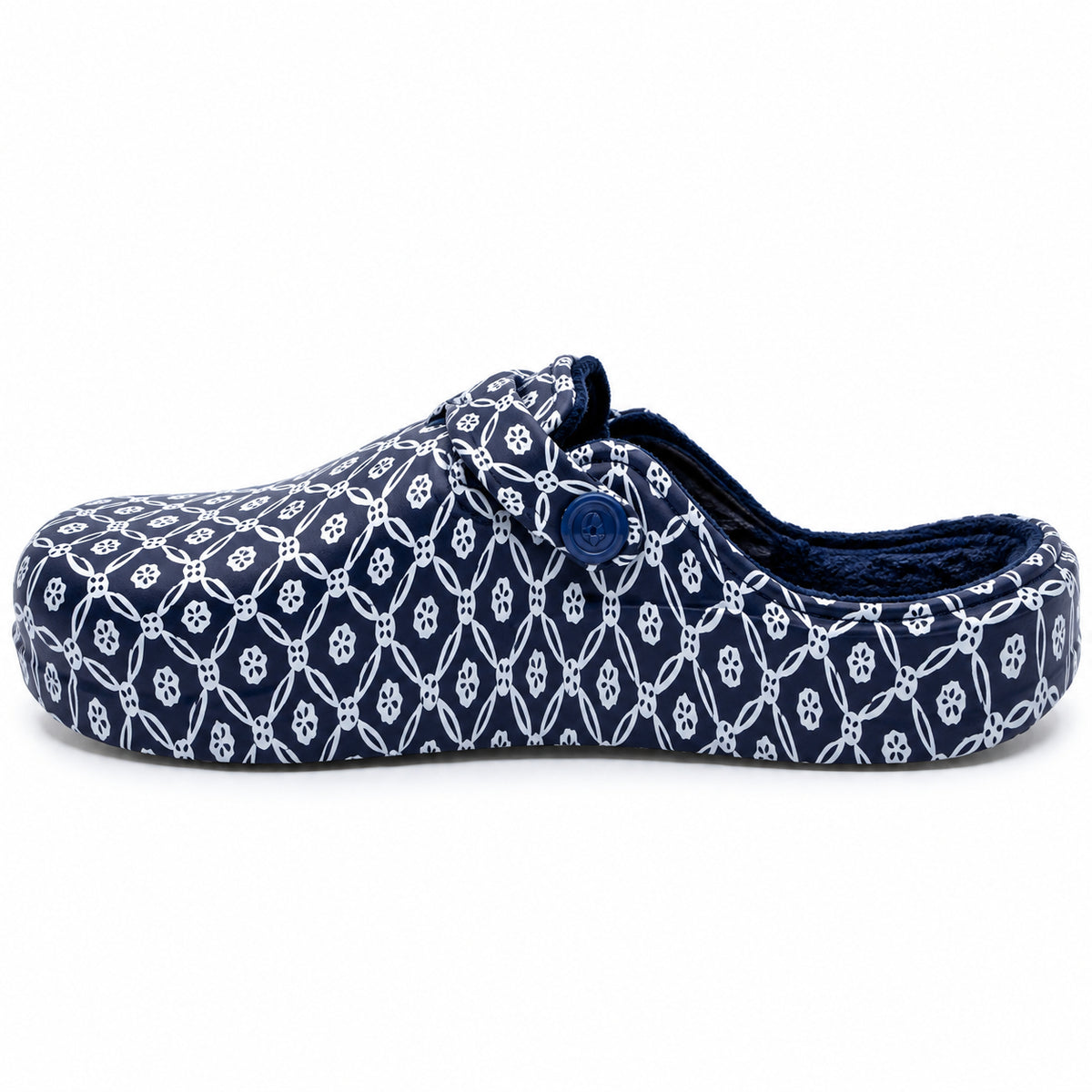 Soca Beppi azul marinho com padrão branco, forro polar e fivela ajustável, vista lateral