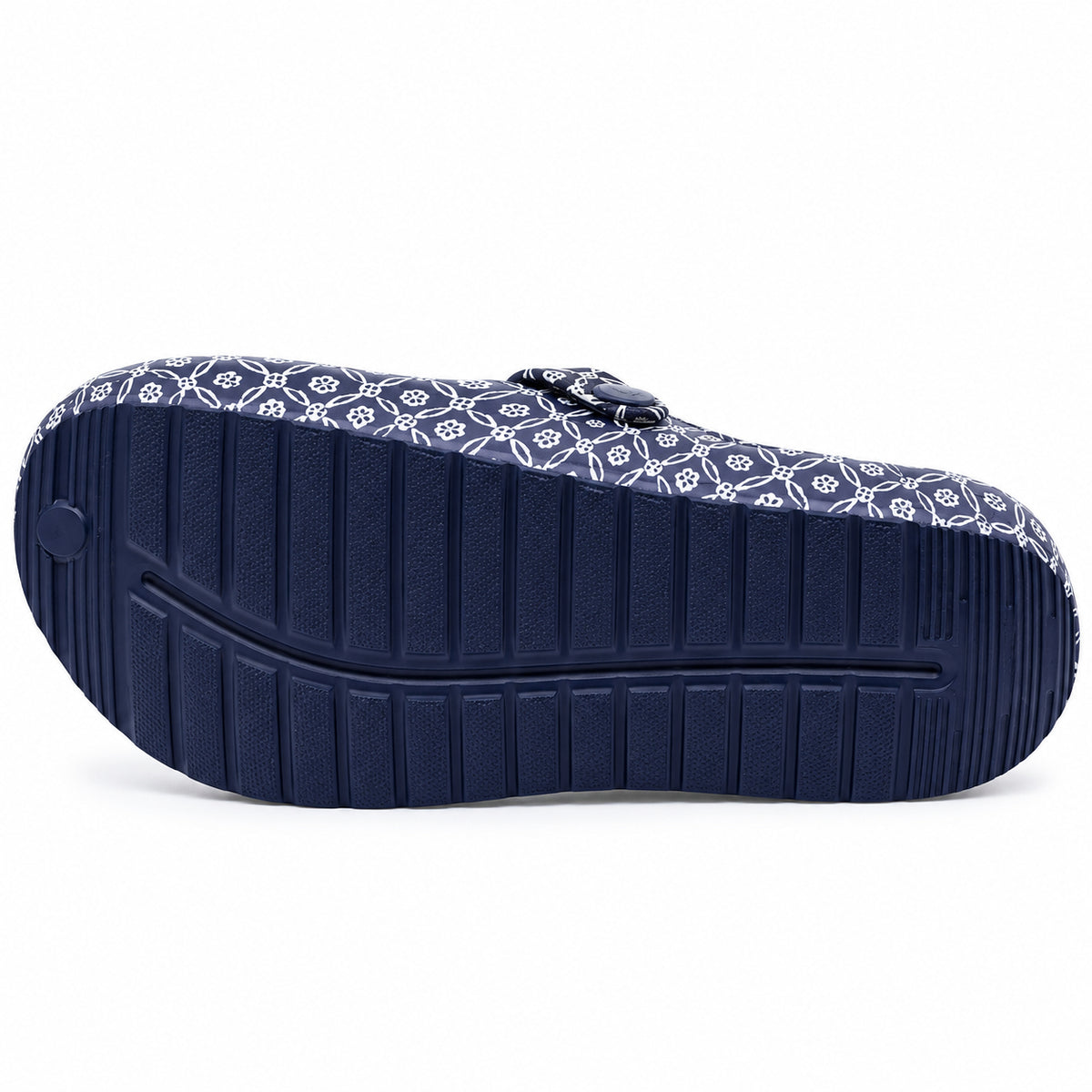 Soca Beppi azul marinho com padrão branco, forro polar e fivela ajustável, sola