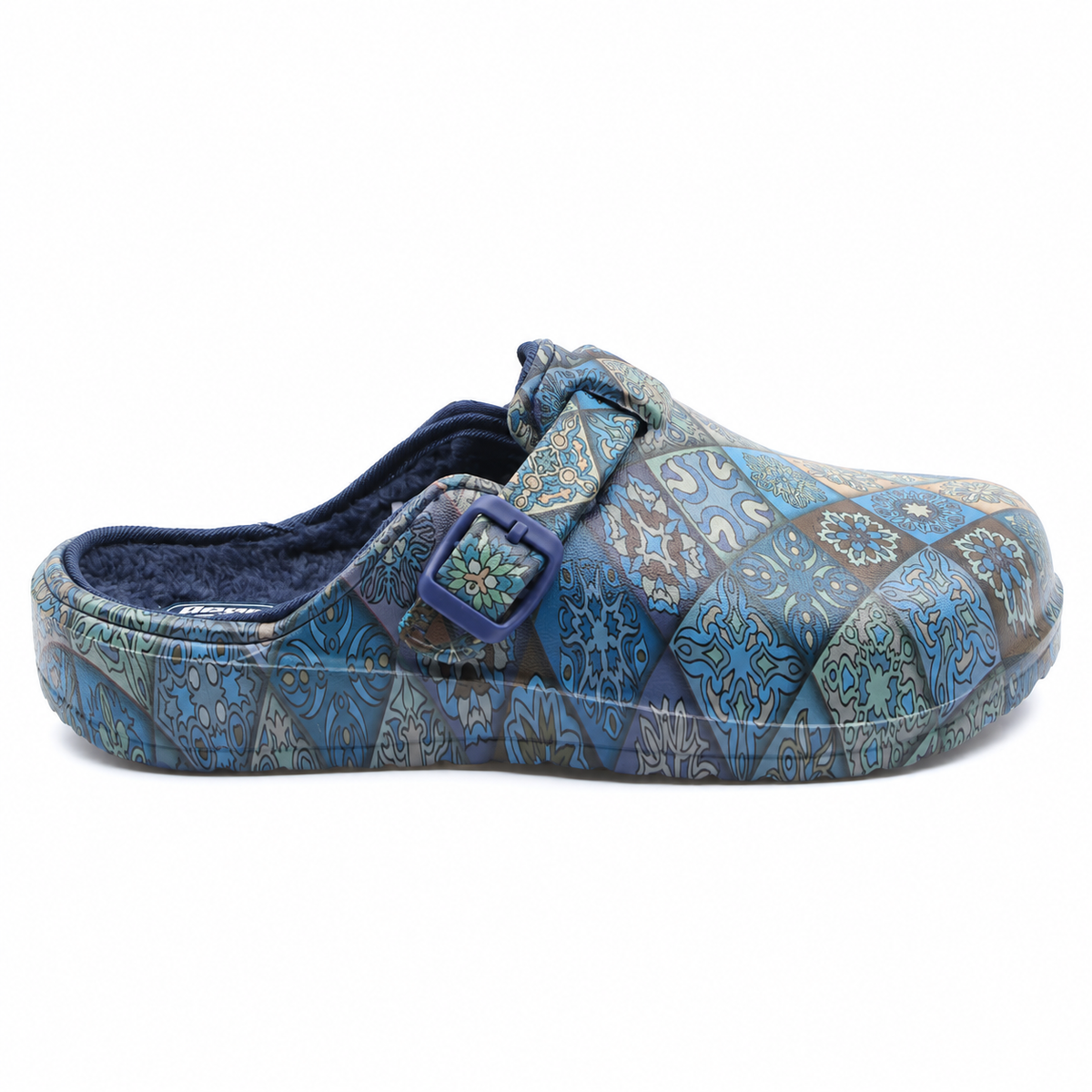 Soca Beppi estampada azul marinho com forro e fivela ajustável, vista lateral