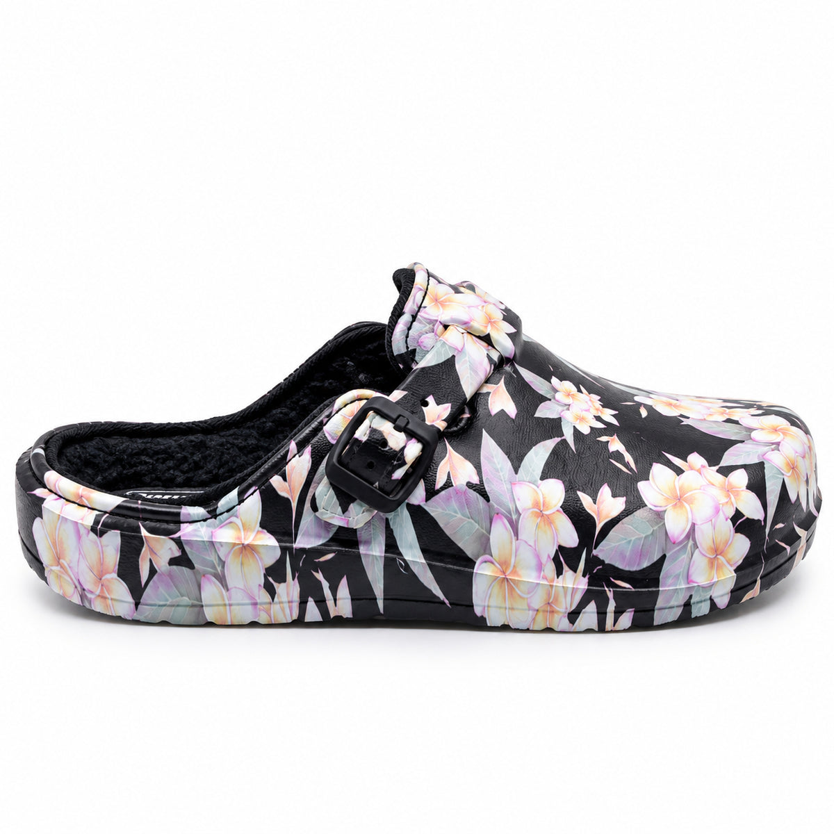 Par de socas Beppi pretas com estampado floral e forro quento