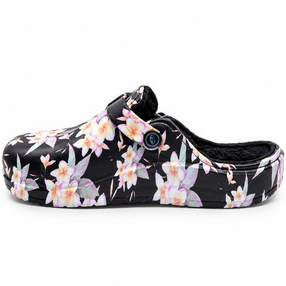 Soca Beppi preta floral vista medial, com logo e fivela