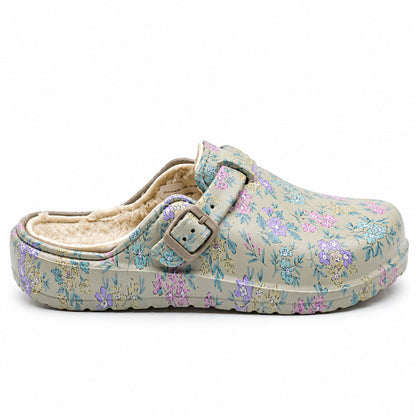 Soca Beppi bege com estampado floral pastel, forro e fivela ajustável, 