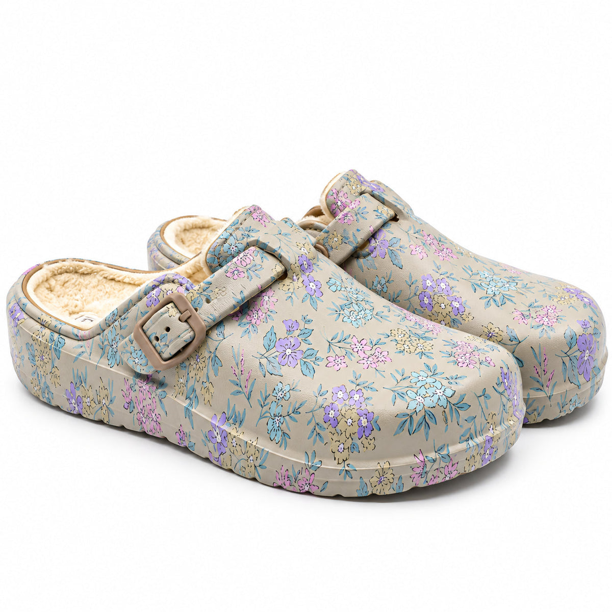 Soca Beppi bege com estampado floral pastel, forro e fivela ajustável, vista cima