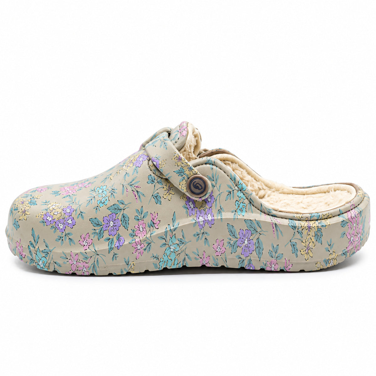 Soca Beppi bege com estampado floral pastel, forro e fivela ajustável, vista lateral