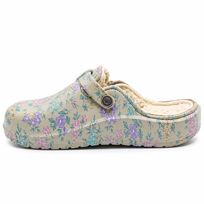 Soca Beppi bege com estampado floral pastel, forro e fivela ajustável, vista lateral