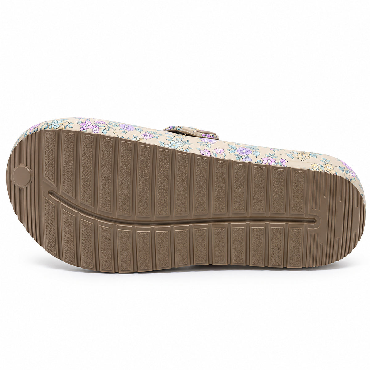Soca Beppi bege com estampado floral pastel, forro e fivela ajustável, vista sola