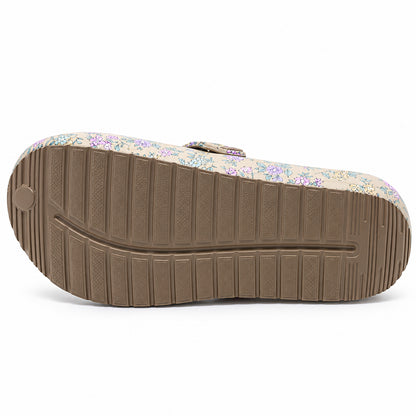 Soca Beppi bege com estampado floral pastel, forro e fivela ajustável, vista sola