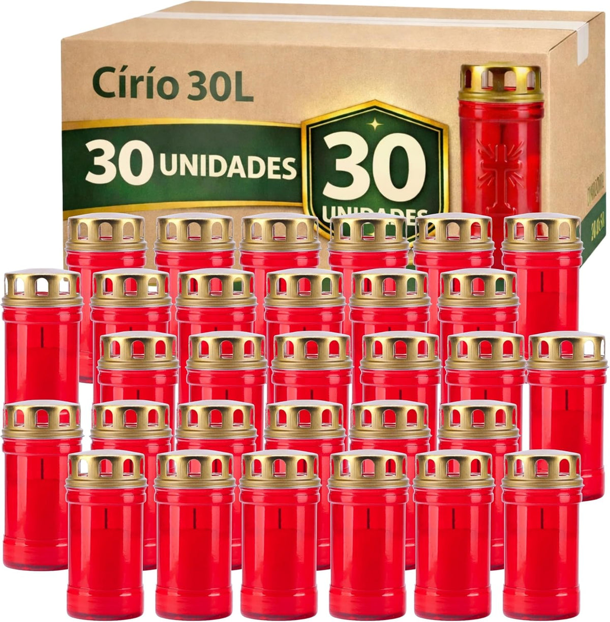  Caixa de 30 círios 30 L vermelhos com tampa dourada