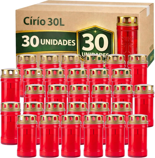  Caixa de 30 círios 30 L vermelhos com tampa dourada