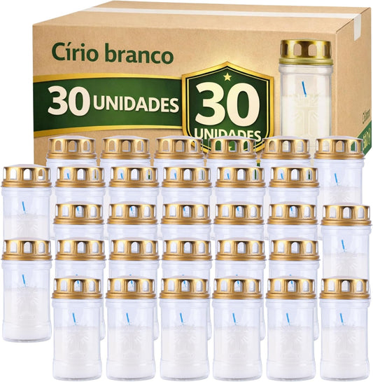 Caixa de 30 círios 30 L brancos com tampa dourada