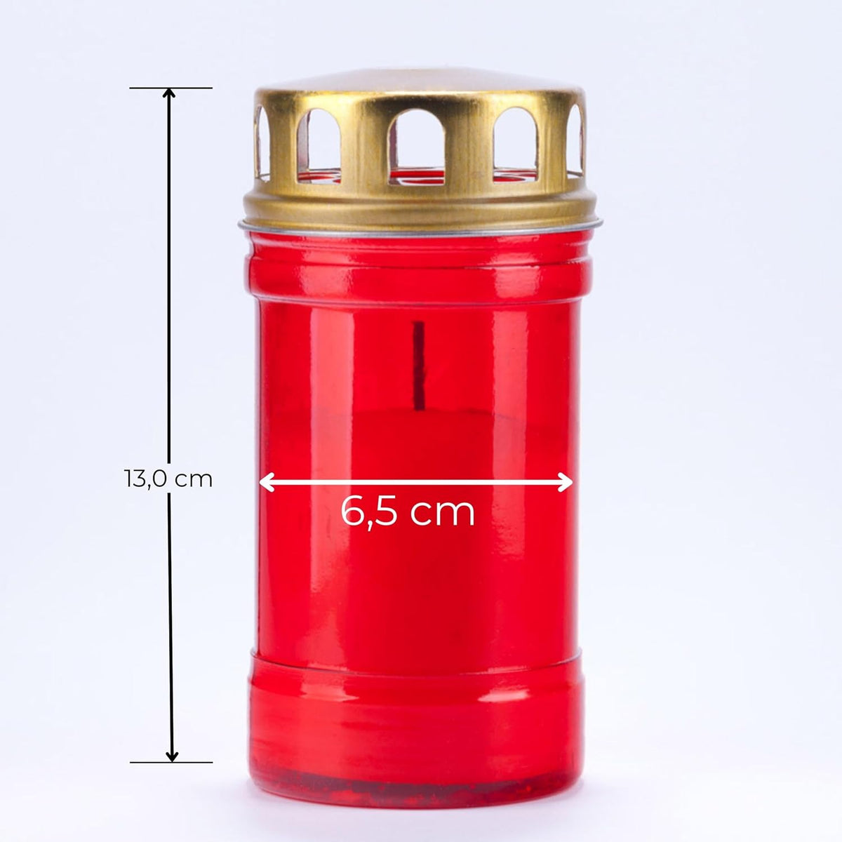  Círio 30 L vermelho em copo translúcido com tampa dourada medidas