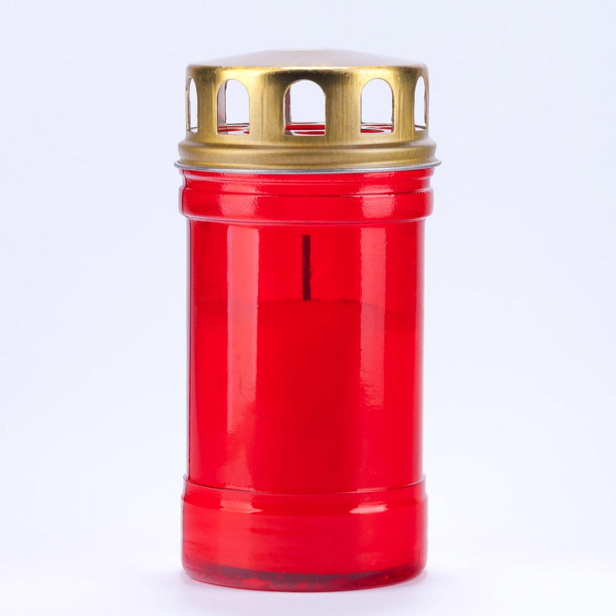  Círio 30 L vermelho em copo translúcido com tampa dourada