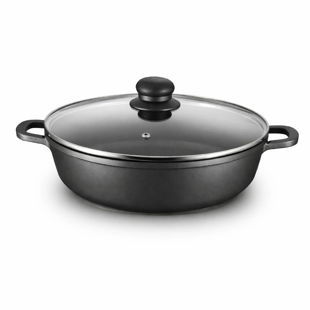 Caçarola Antiaderente 32cm com Tampa de Vidro | Indução | Troia Preto | Grande Capacidade | Cozinha Saudável sem Aderência
