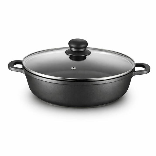 Caçarola Antiaderente 32cm com Tampa de Vidro | Indução | Troia Preto | Grande Capacidade | Cozinha Saudável sem Aderência