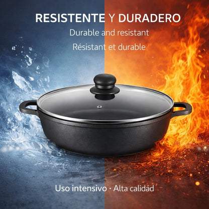 Caçarola Antiaderente 32cm com Tampa de Vidro | Indução | Troia Preto | Grande Capacidade | Cozinha Saudável sem Aderência