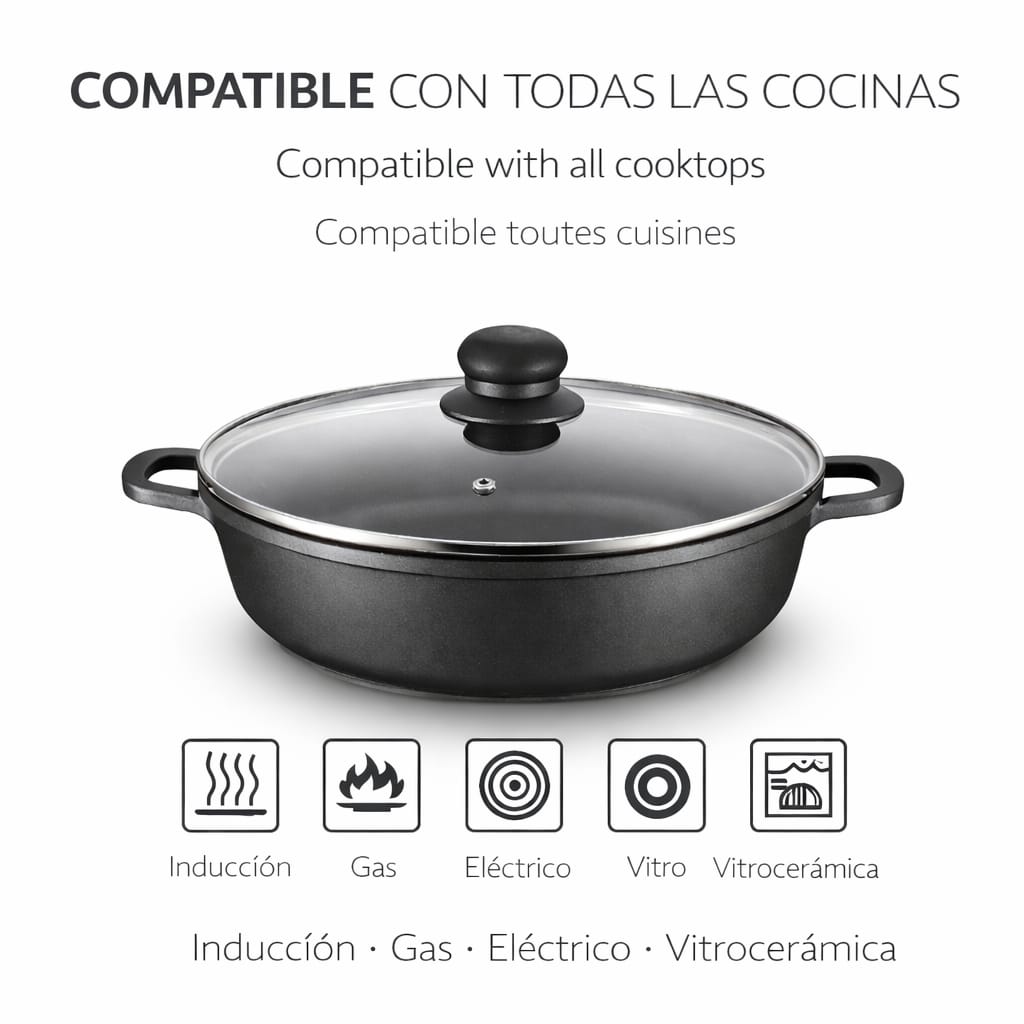 Caçarola Antiaderente 32cm com Tampa de Vidro | Indução | Troia Preto | Grande Capacidade | Cozinha Saudável sem Aderência