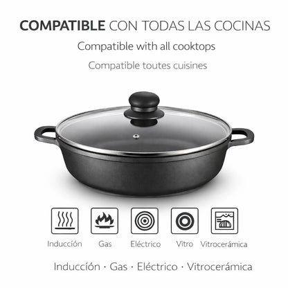 Caçarola Antiaderente 32cm com Tampa de Vidro | Indução | Troia Preto | Grande Capacidade | Cozinha Saudável sem Aderência