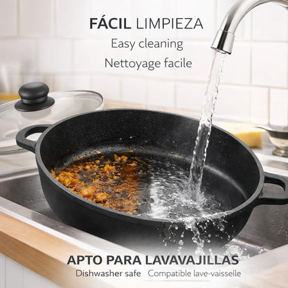 Caçarola Antiaderente 32cm com Tampa de Vidro | Indução | Troia Preto | Grande Capacidade | Cozinha Saudável sem Aderência