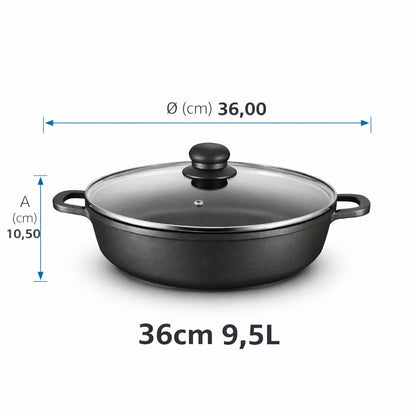 Caçarola Antiaderente 32cm com Tampa de Vidro | Indução | Troia Preto | Grande Capacidade | Cozinha Saudável sem Aderência