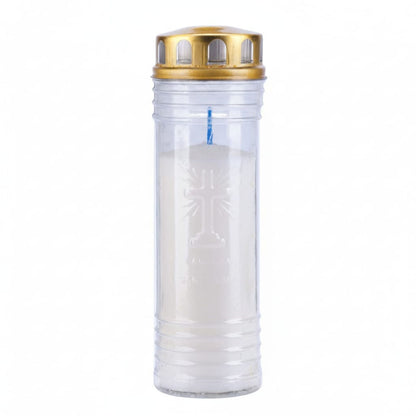  Círio 60 LL branco em copo transparente com tampa dourada