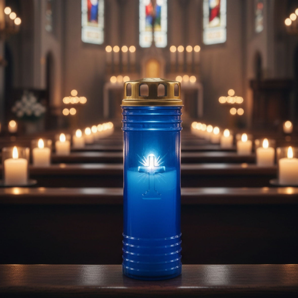 Círio 60 LL azul com tampa dourada aceso em igreja