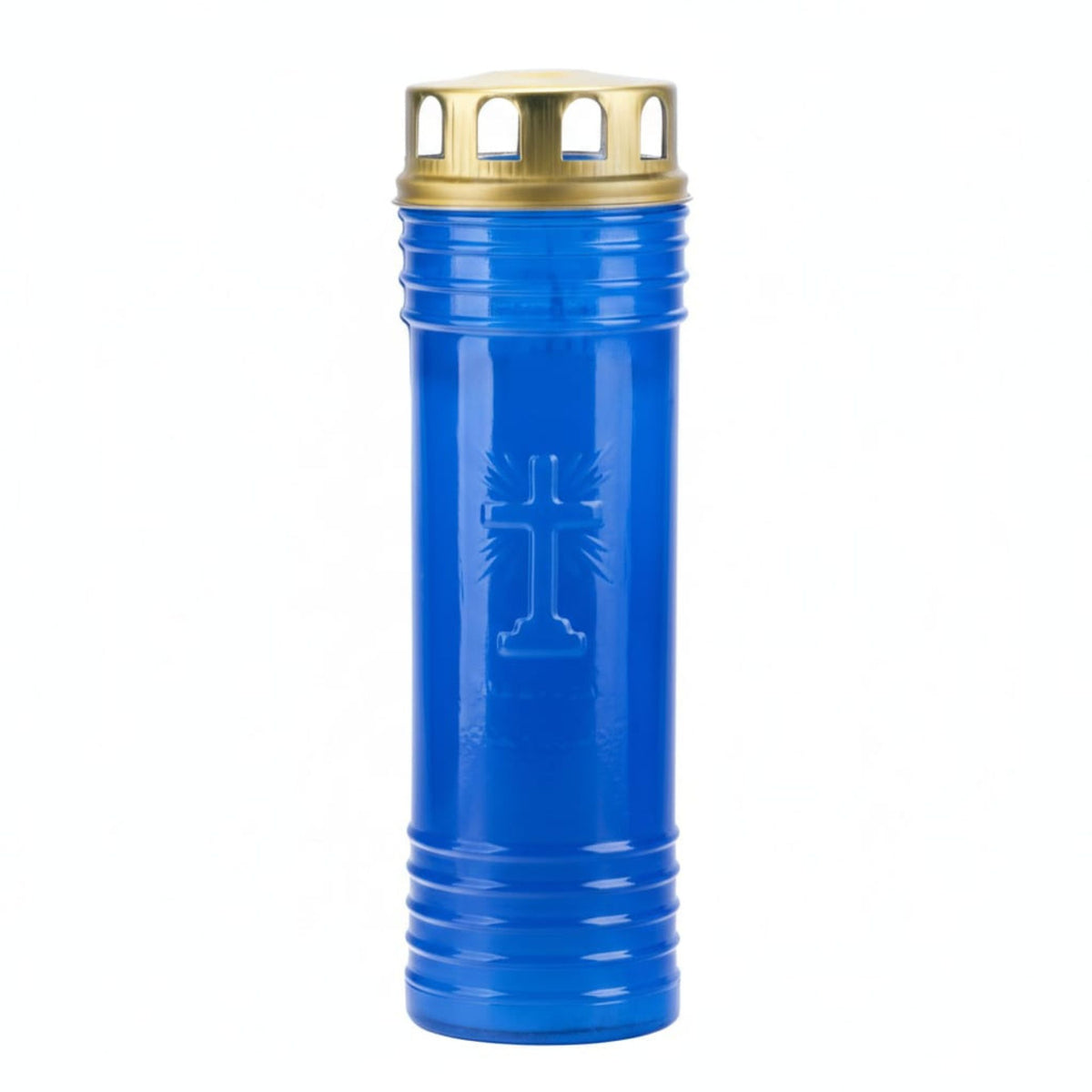 Círio 60 LL azul com tampa dourada aceso em igreja