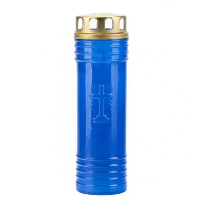 Círio 60 LL azul com tampa dourada aceso em igreja