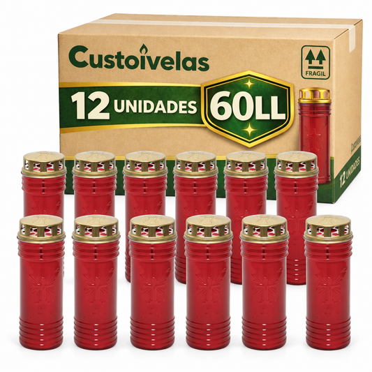 Caixa Custoivelas de 12 círios 60 LL vermelhos com tampa