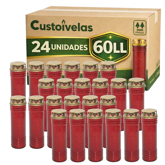 Caixa Custoivelas de 24 círios 60 LL vermelhos com tampa