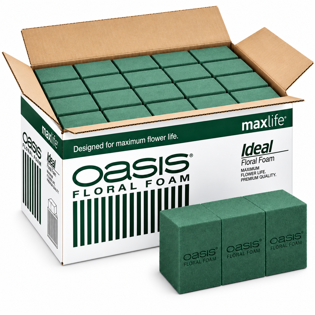 Caixa de espuma floral Oasis Ideal Maxlife verde com 20 tijolos