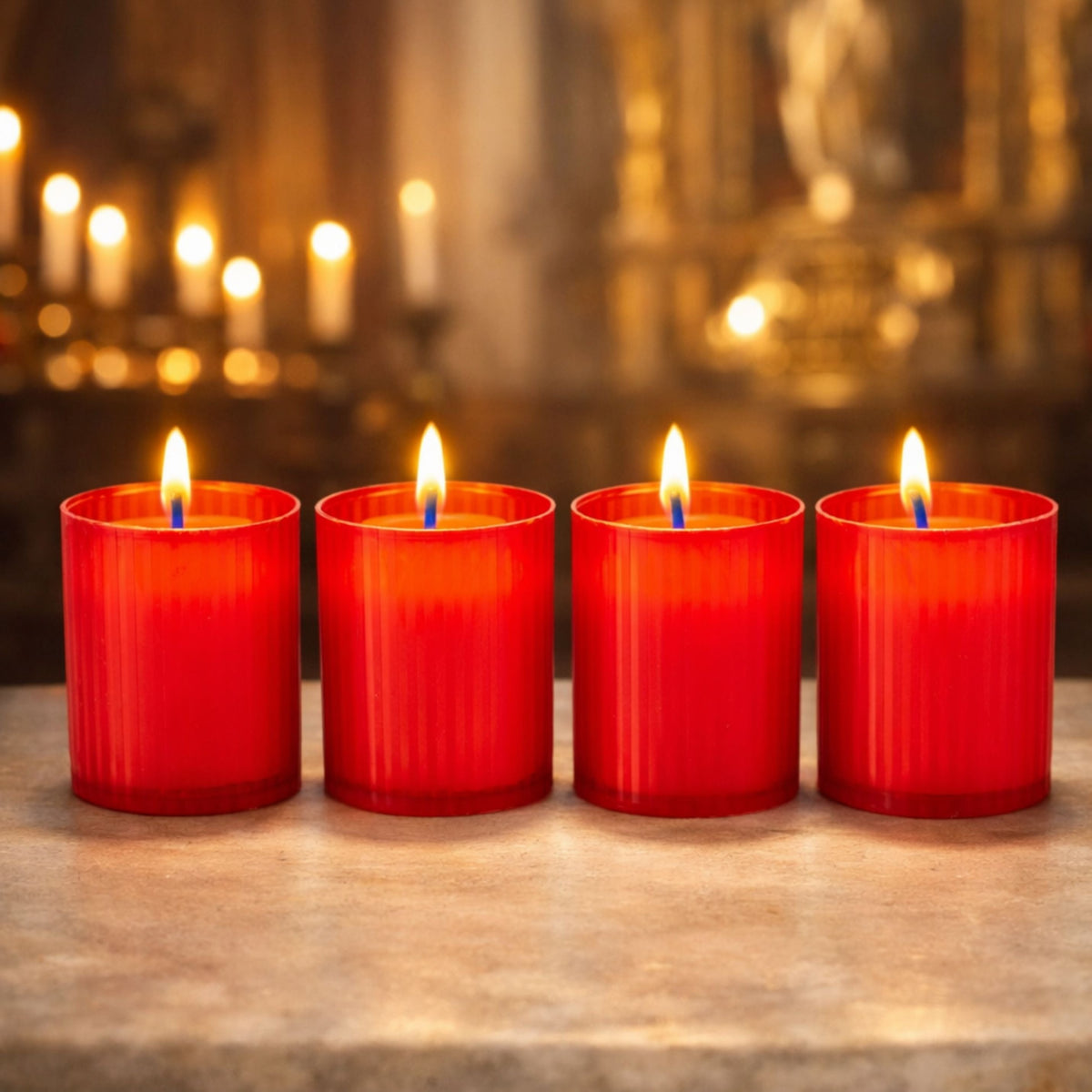 Velas acesas: Pack de 4 círios religiosos vermelhos acesos em copo translúcido
